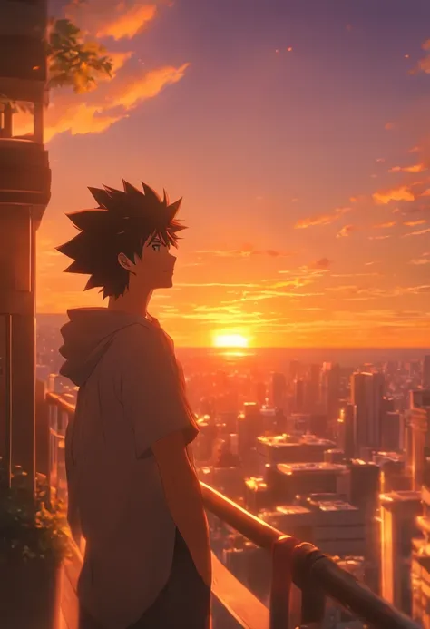 People stand outside the building，The background is sunset, watching the sunset. anime big breast, opening scene, 3 d render and matte painting, Sunset!!!, With sunset, Sunset atmosphere, golden hour scene, warm sundown, realistic matte painting, Lens flar...