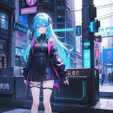 A goth girl in a blue neon city, , Anime style, por el ancho, de  pie,  saltandoo, Linda, ropa ,  gotic, con capa, waifu girl, neon azul,