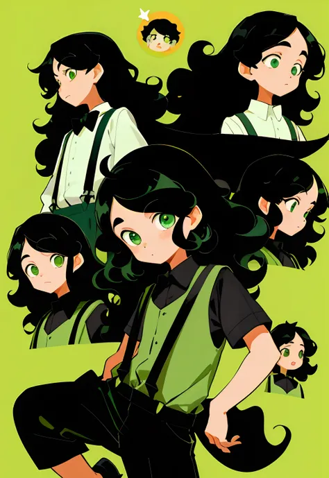 younge boy，multiple postures and expressions，Childrens book illustration style，، simple，adolable，full-color，Black suspenders，Long curly hair in black color，Green eyes，flatcolors，