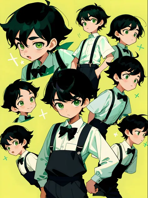 younge boy，multiple postures and expressions，Childrens book illustration style，، simple，adolable，full-color，Black suspenders，Black color hair，Green eyes，flatcolors，