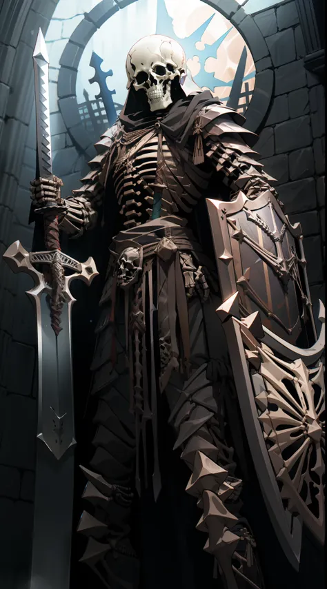 skeleton, muscles, chainmail hood, knight armor, cowboy_shot, foreshortening, holding_sword and shield, solo, background hallway...