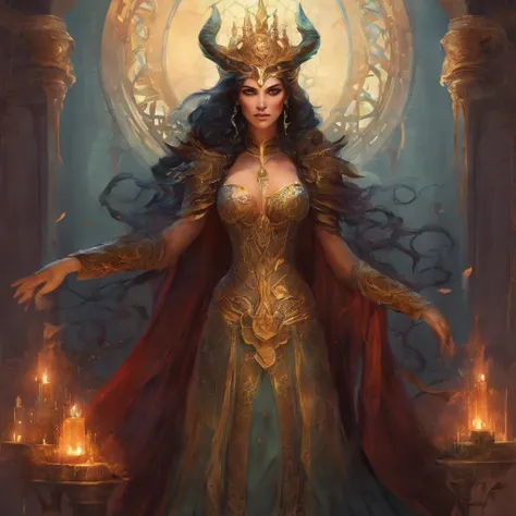 {Subject Description}: Uma mulher misteriosa e elegante, com pele roxa e chifres majestosos, It is positioned on an imposing altar. She exudes an air of power and mystery, being endowed with necromantic abilities that give her control over spirits and demo...