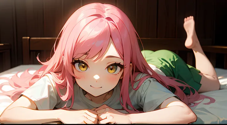 Fluffy semi-long pink hair、Golden Eyes、a beauty girl、Plain white T-shirt、Green skirt、A smile、On the massage bed、Lying face down、Massage parlor、POV,