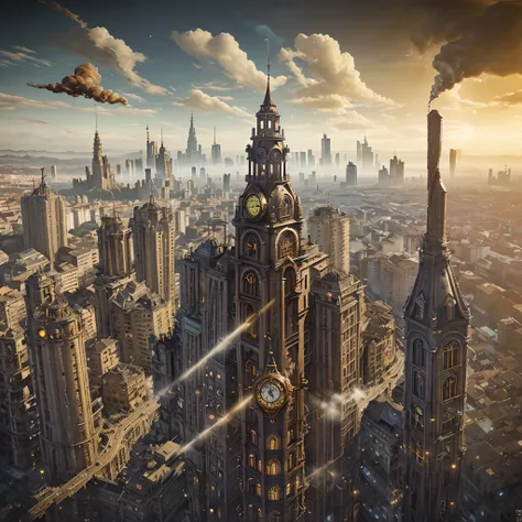 Arafed city with a clock tower and steam engines in the sky, em Cidade Steampunkscape, antiga cidade steampunk, Cidade Steampunk, Vista vitoriana da cidade steampunk, Uma cidade steampunk, steampunk metropolis, atmosfera dourada da cidade steampunk, mega c...