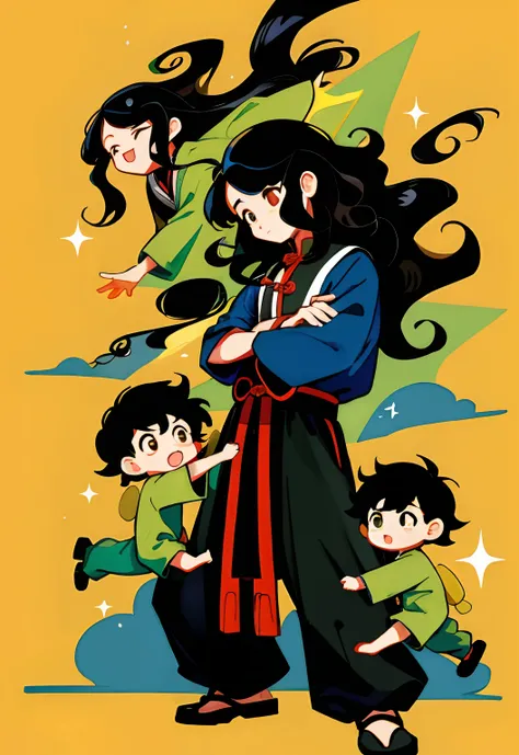 younge boy，multiple postures and expressions，Childrens book illustration style，، simple，adolable，full-color，black long curly hair，Taoist，flatcolors，