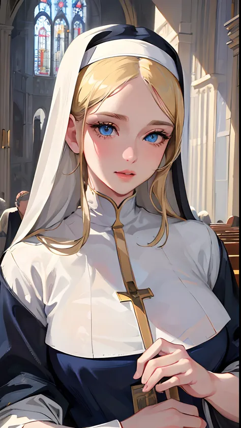 (best quality,4k,8k,highres,masterpiece:1.2),ultra-detailed,realistic,beautiful detailed blue eyes,beautiful detailed lips,extremely detailed face,long hair,1girl,beautiful blonde girl,wearing a nuns outfit,cute,attractive,church, retrato, detailed eyes