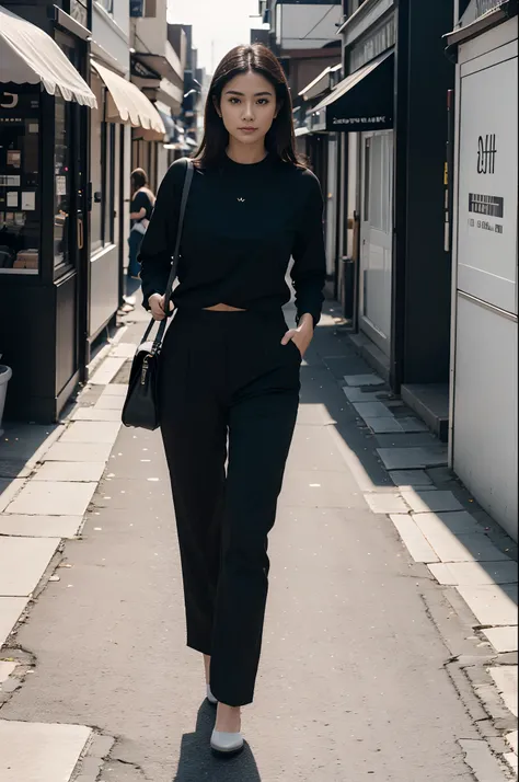 The image features a woman wearing a black shirt and black pants, walking down a street while carrying a white purse.  The woman appears to be walking confidently and gracefully, possibly enjoying her time outdoors. (controlnet_mode:canny  juggernautXL_v5,...