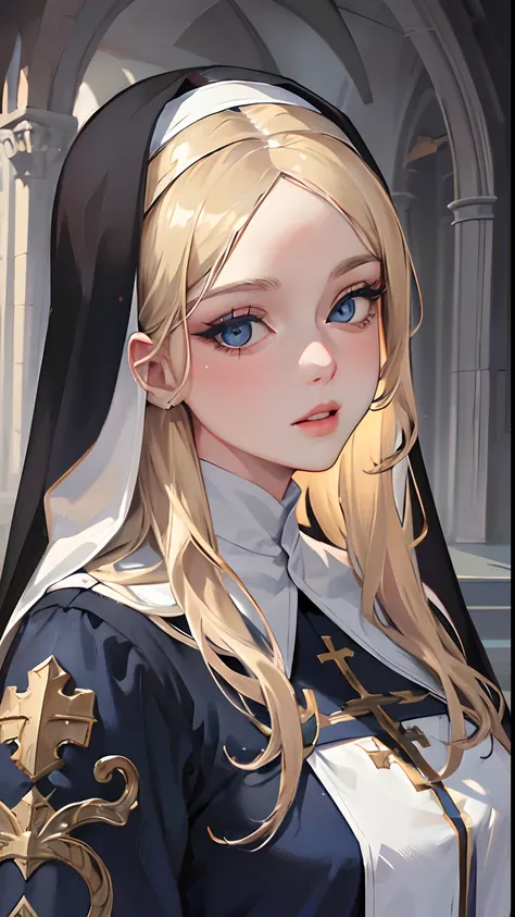 (best quality,4k,8k,highres,masterpiece:1.2),ultra-detailed,realistic,beautiful detailed blue eyes,beautiful detailed lips,extremely detailed face,long hair,1girl,beautiful blonde girl,wearing a nuns outfit,cute,attractive,church, retrato, detailed eyes