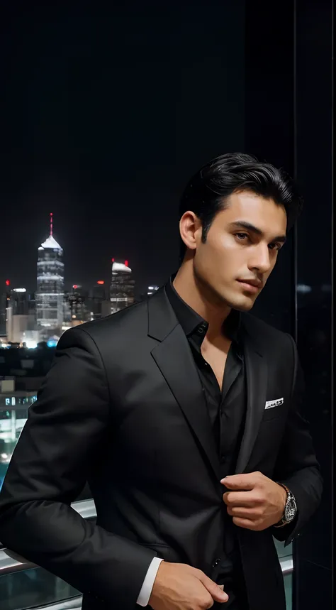 (best quality,black-and-white,high contrast),24-year-old man,(black hair,tied back),wearing a sleek black suit and a watch,(wealthy,businessman,confident)，elegant pose,standing in front of a modern skyscraper,(nighttime,city lights),shadows cast by the bui...