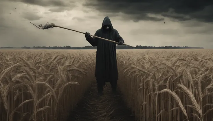 a young man harvesting crop with a Hoe out in the vast wheat fields on a windy day, as intricate alien ships emerge in the sky ready for battle, cinematic