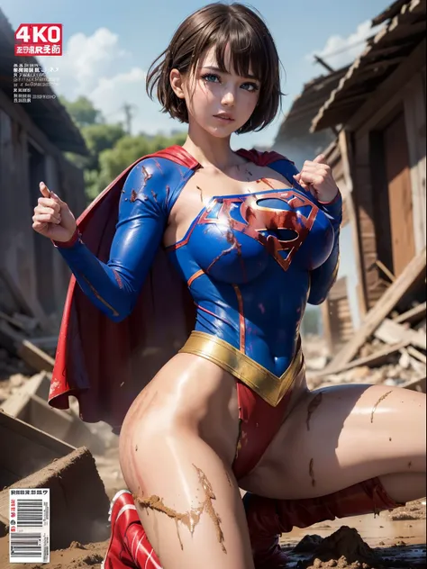 (Best Quality,4K,8K,hight resolution,masutepiece:1.2),Ultra-detailed,Realistic:1.37,Super masterpiece,Short-haired Supergirl lying in the rubble、large full breasts、Looking at the camera、Glossy costume、s ass、wounded、Mud stains、Covered in mud、Exhausted、cum o...