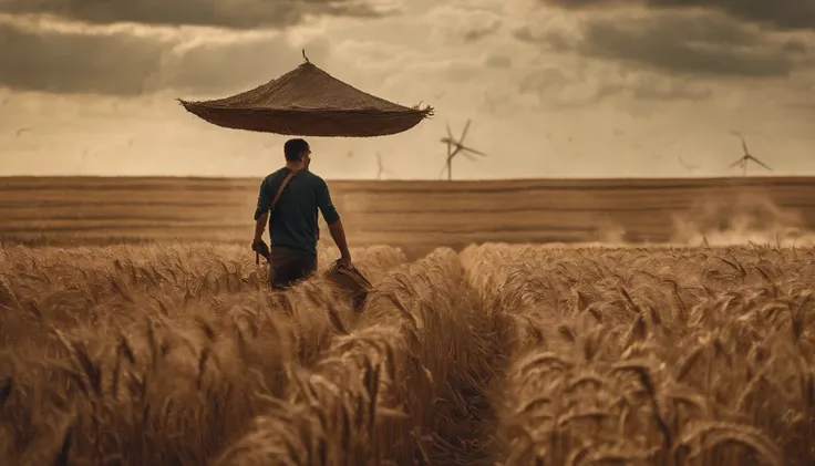 a young man harvesting crop with a Hoe out in the vast wheat fields on a windy day, as intricate alien ships emerge in the sky ready for battle, cinematic