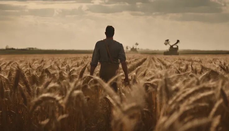 a young man harvesting crop with a Hoe out in the vast wheat fields on a windy day, as intricate alien ships emerge in the sky ready for battle, cinematic