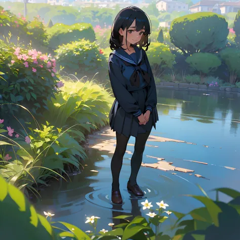 (Best Quality, hight resolution, Ultra-detailed, Realistic:1.37), peaceful ambiance, (plein air, garden), Teenage girl standing alone, Beautiful detailed features, Cute smile, ((Black bob hair)),Navy blue sailor suit, Pleated skirt,Black tights,Brown leath...