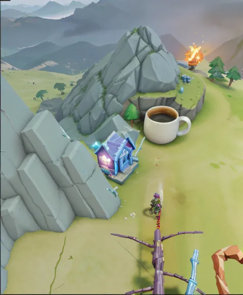 3D cartoon rock blocks，Cartoon image of coffee mug and bicycle on the mountain, game screenshot, The Cup of Death, brewing potion in witch hut, 3 d stylize scene, gameplay still, game screenshot, gameplay screenshot with ui, 2 d game, Zombies chase coffee,...