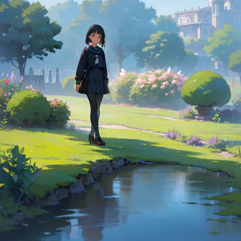 (Best Quality, hight resolution, Ultra-detailed, Realistic:1.37), peaceful ambiance, (plein air, garden), Teenage girl standing alone, Beautiful detailed features, Cute smile, ((Black bob hair)),Navy blue sailor suit, Pleated skirt,Black tights,Brown leath...