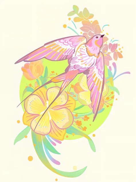 there is a bird sitting on a branch of a flower, lavishly decorated, A beautiful artwork illustration, flower, full-colour illustration, background artwork, illustrated in whimsical style, colorful bird with a long, colorful illustrations, Stylized digital...