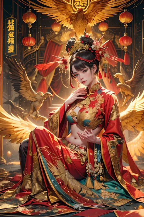 A woman dressed in red Chinese clothing kneels on the ground，There is a fire phoenix by his side，Wear a delicate phoenix crown on your head,anatomy correct,A detailed eye, 二重まぶた，Whiten skin，Bare chest，A plump chest，Showing the belly，Bare thighs，delicate pa...