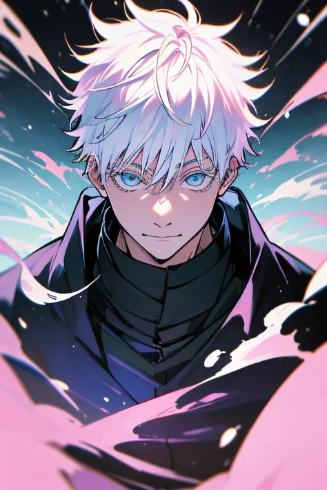 satoru gojou do jujutsu kaisen, olhando para a frente, retrato, master part, vetores em segundo plano, olhos azuis brilhantes, a...