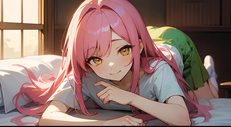 Fluffy semi-long pink hair、Golden Eyes、a beauty girl、Plain white T-shirt、Green skirt、A smile、On the massage bed、Lying face down、Massage parlor、POV、NSFW、