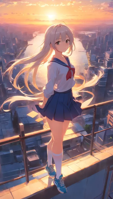 best qualtiy， tmasterpiece， 超高分辨率， realisticlying， 1 girl，（long  white hair），Heterochromic pupils，HEIGHT 168CM，（ssmile）（JK skirt）， Light black stockings，athletic sneakers，Fantastic sunset，Looking Up The Sky，wide angles