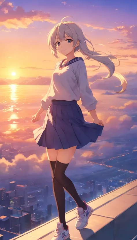 best qualtiy， tmasterpiece， 超高分辨率， realisticlying， 1 girl，（long  white hair），Heterochromic pupils，HEIGHT 168CM，（ssmile）（JK skirt）， Light black stockings，athletic sneakers，Fantastic sunset，Looking Up The Sky，wide angles