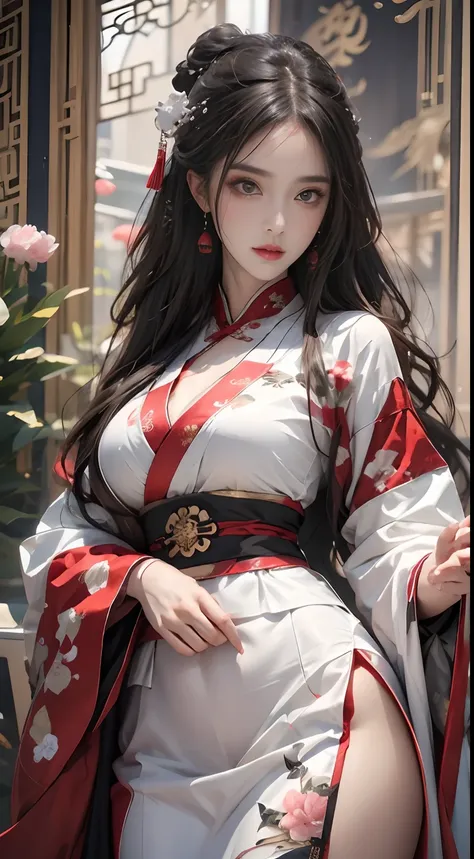 Photorealistic, High resolution, 1 woman, hips up high, Beautiful eyes, Long hair, Ringed Eyes, Jewelry, The tattoo, Hanfu, chinese fairy, Taoist uniform、Kimono