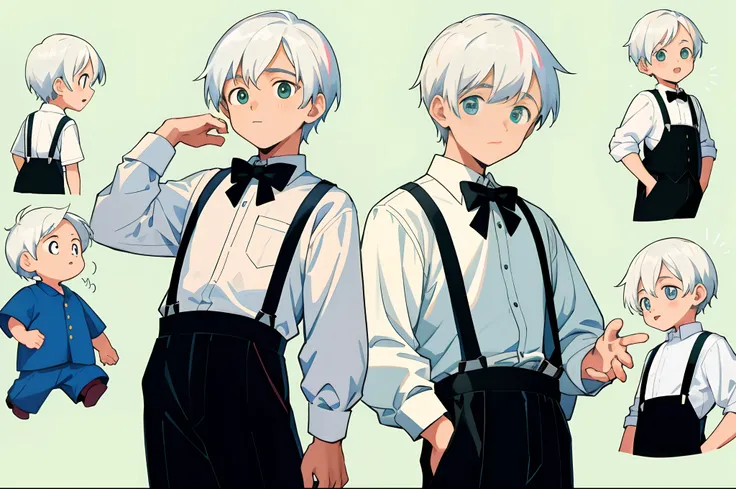 younge boy，multiple postures and expressions，Childrens book illustration style，، simple，adolable，full-color，Black suspenders，White color hair，flatcolors，