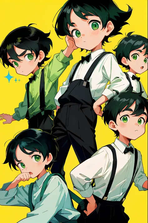 younge boy，multiple postures and expressions，Childrens book illustration style，، simple，adolable，full-color，Black suspenders，Black color hair，Green eyes，flatcolors，