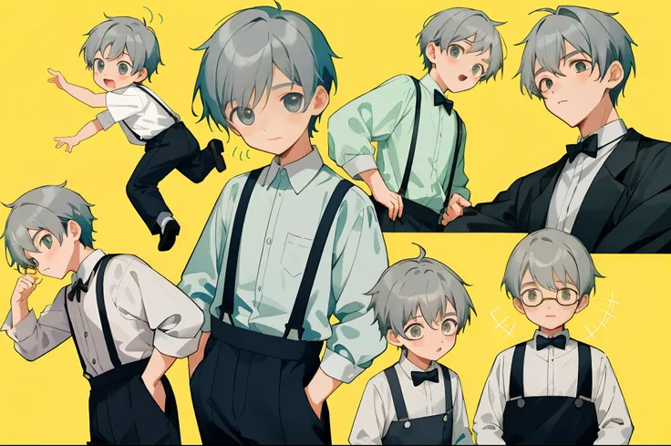 younge boy，multiple postures and expressions，Childrens book illustration style，، simple，adolable，full-color，Black suspenders，Gray colored hair，flatcolors，