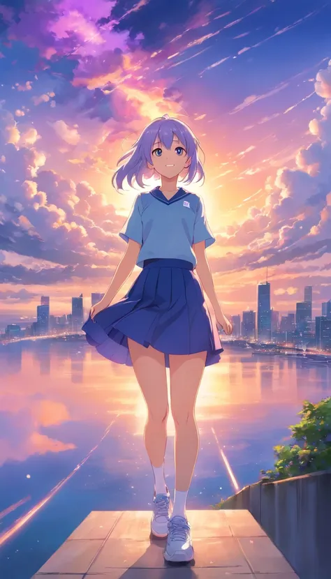 best qualtiy， tmasterpiece， 超高分辨率， realisticlying， 1 girl，（long  white hair），Heterochromic pupils，HEIGHT 168CM，（ssmile）（JK skirt）， Lilac stockings，athletic sneakers，Fantastic fire clouds，Looking Up The Sky，wide angles