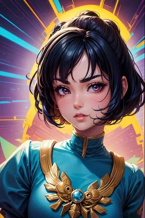 Ultra detailed Guatemalan woman with a Tokusatsu vibe in an organic and bright colored 80s anime art direction. The artwork has a super detailed line art style with contrasted comic shadows, inspired by the art direction of Takeshi Koike. The woman has a s...