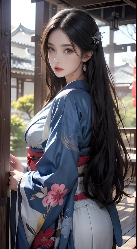 Historic Buildings in Japan、Wearing a blue kimono、Unreal Engine:1.4,nffsw,best qualtiy:1.4, Photorealista:1.4, Skin Texture:1.4, ​masterpiece:1.8, 1 Women, hips up high, beautidful eyes, The long-haired, Ringed Eyes, jewely, The tattoo, Kimono