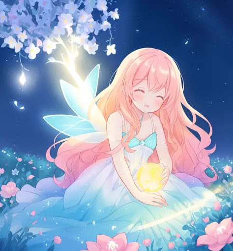 beautiful girl in flowing ballgown dress, (glowing fairy wings), glowing flowing ballgown, long wavy hair, sparkling fairy wings, watercolor illustration, flowers and colorful plants, inspired by Glen Keane, inspired by Lois van Baarle, disney art style, b...