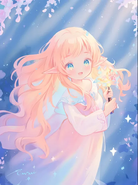 beautiful girl in white elven dress, elven princess, elf ears, princess, white crown of vines and flowers, vibrant pastel colors, (colorful), magical lights, red and gold long wavy hair, sparkling lines of light, inspired by Glen Keane, inspired by Lois va...