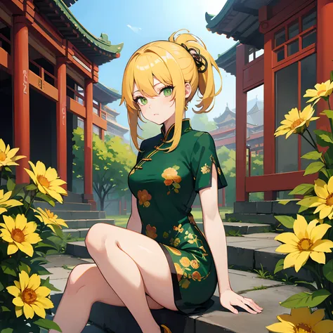 anime illustrated,girl with,Yellow hair,Green eyes,qipao dress,florals,ancient Chinese architecture