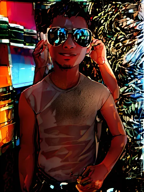 there is a young boy wearing sunglasses and a shirt, with sunglass, flat chested, in sun glasses, wearing cool sunglasses, with sunglasses, wearing sunglasses, wearing mirrored sunglasses, goggles around his neck, young boy, frontal shot, sun glasses, shou...