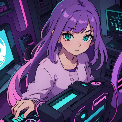 anime illustrated,girl with,purple color  hair,Green eyes,darkened room,Gaming PC,Blue and pink light