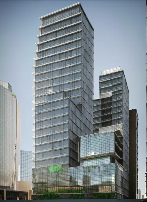 a rendering of a tall building with a lot of windows, from street level, mid view, view from ground, mantra rendering, sharp hq rendering, 3/4 view from below, Detailed rendering, ground-level view, artistation render, ground-level view, ground - level vie...