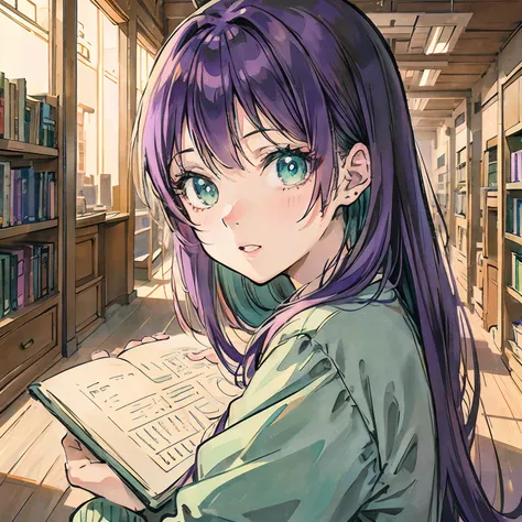 anime illustrated,girl with,purple color  hair,Green eyes,Being in the library,Street Fashion