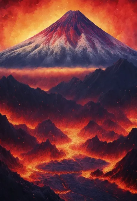 Katsushika Hokusai，Close-up shot，Aerial view，Dramaticlight，Erupting lava，Dante Peak，volcanoes