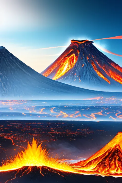 tmasterpiece，Best quality at best，high high quality，the Extremely Detailed CG Unity 8K Wallpapers，(volcanoes:1.4)，(Drowned in the fire:1.2)，Burn the earth, Flame punk,2 0 8 0