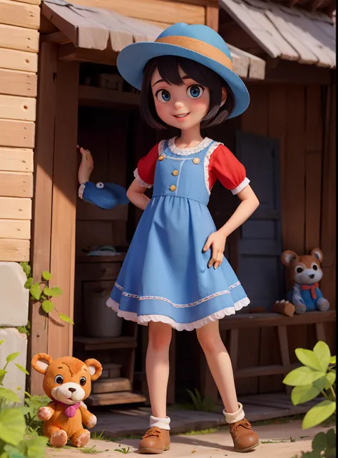 1 girl 12 anos de cabelos castanhos e olhos castanhos, is in a village,Surrounded by lively and happy stuffed animals, Girl stands with blue hat, e vestido azul de exploradora ,