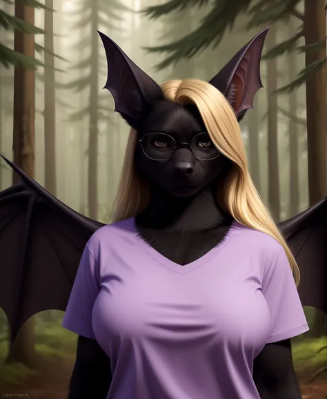 (head shot), forest setting, solo, break, 20 years old, (anthro bat:1.3), woman, slightly chubby, ((black fur:1.2), realistic fu...