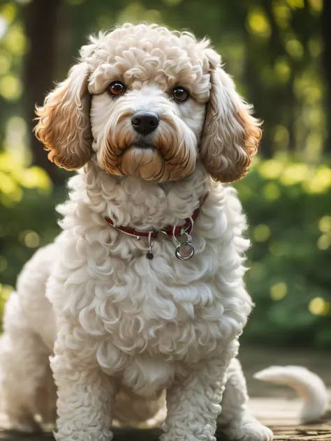 (8k, RAW photo, best quality, masterpiece:1.2), (realistic, photo-realistic:1.4), ultra-detailed, (high detailed skin:1.2), 8k uhd, dslr, soft lighting, high quality, film grain, white Poodle dog, outdoors, full body view