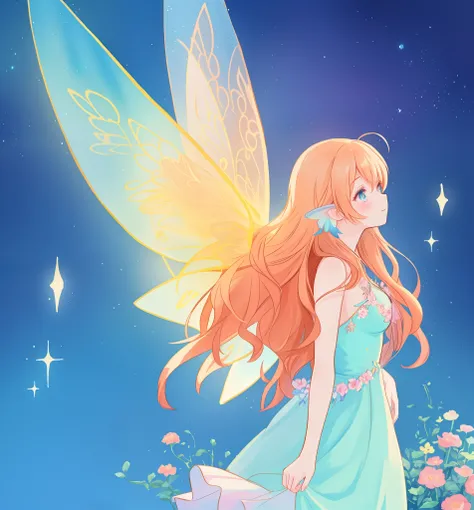 beautiful girl in flowing ballgown dress, (glowing fairy wings), glowing flowing ballgown, long wavy hair, sparkling fairy wings, watercolor illustration, flowers and colorful plants, inspired by Glen Keane, inspired by Lois van Baarle, disney art style, b...