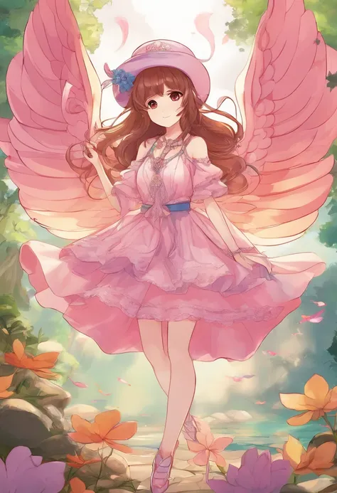 Anime girl with wings and pink dress and hat, Lori, style of maple story, touhou character, Chibi, jellyfish shrine maiden 8k,, wearing angel halo, full - body majestic angel, frilly outfit, visual novel sprite, from touhou, small curvy loli, wearing angel...