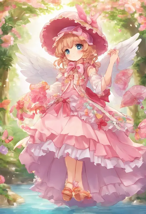 Anime girl with wings and pink dress and hat, Lori, style of maple story, touhou character, Chibi, jellyfish shrine maiden 8k, wearing angel halo, full - body majestic angel, frilly outfit, visual novel sprite, from touhou, small curvy loli, wearing angel,...