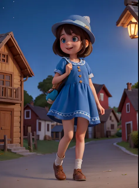 1 girl 12 anos de cabelos castanhos e olhos castanhos, Is in a village at night,Surrounded by lively and happy stuffed animals, Girl stands with blue hat, e vestido azul de exploradora ,