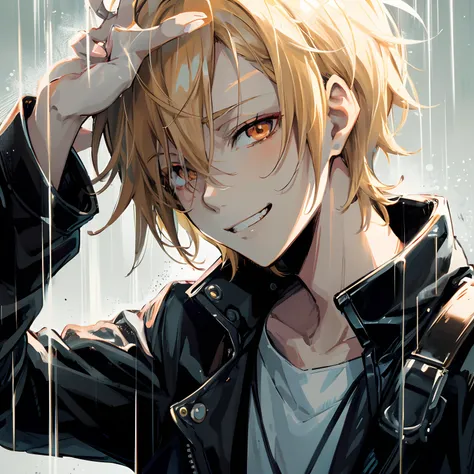 Japanese anime, beautiful young man, blond, short hair, orange eyes, black leather jacket, getting rained on, glaring, grinning, sharp eyes, touching hair,high quality, amount of drawing, pixiv illustration